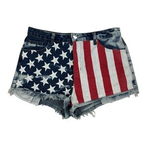 American flag  denim shorts, patriotic stars stripes distressed, frayed HighRise